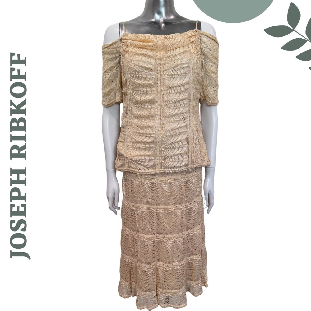 Joseph Ribkoff Cream Gold Lace Sequin 2Piece Set Skirt Top Holiday Style Size 8